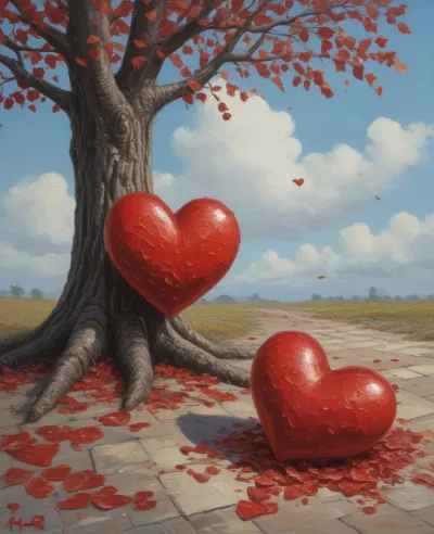 Red Hearts Resting on Cobblestone Path - Nature - AI generated image