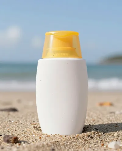 Sunscreen Bottle on Sandy Beach - Beauty - AI generated image