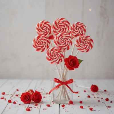 Red and White Lollipops in Glass Vase - Food - AI generated image