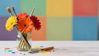 Gerbera Daisies in Glass Jar with Wooden Pencils - Flowers - AI generated image