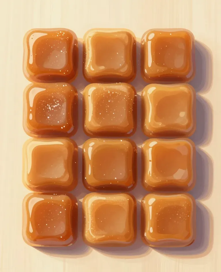 Golden Caramel Cubes Grid on Pale Wood - Food - AI generated image