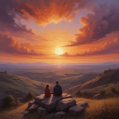 Sitting Figures Admiring Sunset - People - AI generated image