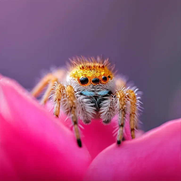 Golden Jumping Spider on Pink Petals - Wildlife - AI generated image