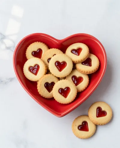 Heart-Shaped Bowl with Jam-Filled Cookies - Bakery - AI generated image