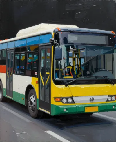 Neon City Bus Reflection in Wet Pavement - Transportation - AI generated image