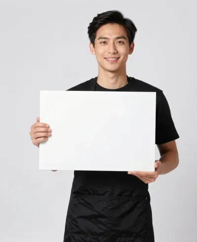 Young Man Displaying White Menu Board - People - AI generated image