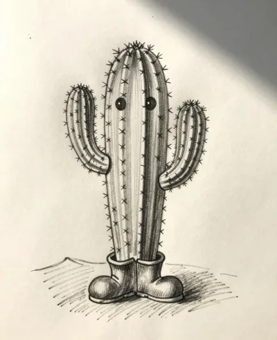 Anthropomorphic Cactus with Boots and Face - Illustration - AI generated image