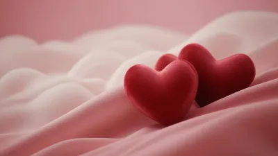 Glossy Red Velvet Hearts Resting on Pink Fabric - Romance - AI generated image