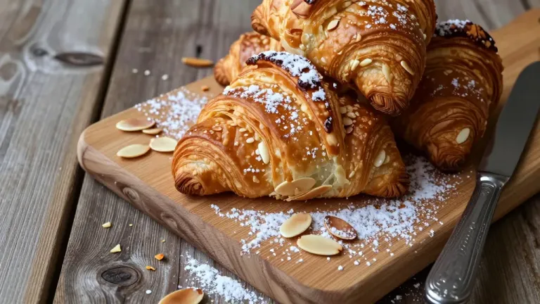 Croissant Stack with Almonds and Powdered Sugar - Bakery - AI generated image