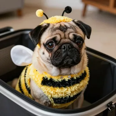 Pug in Bee Costume Sitting in Suitcase - Animal - AI generated image