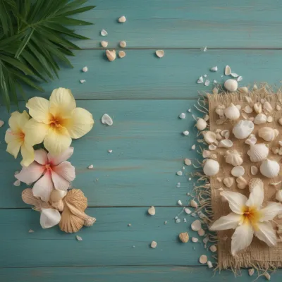 Tropical Flowers and Seashells Framing Weathered Turquoise Background - Flowers - AI generated image