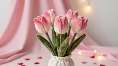 Plush Tulip Arrangement in Ceramic Vase - Flowers - AI generated image