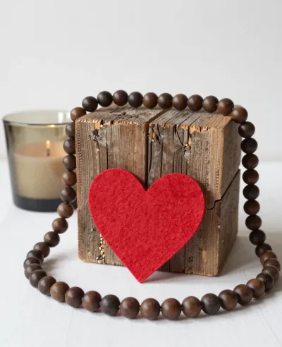 Reclaimed Wood Block with Red Heart and Beads - Decor - AI generated image