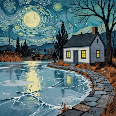 Frozen Pond with Glowing Cottage at Night - Architecture - AI generated image