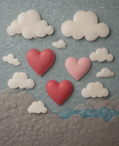 Felt Hearts and Clouds in Soft Light - Felt - AI generated image