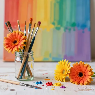 Paintbrushes in Jar with Orange Daisy - Art - AI generated image