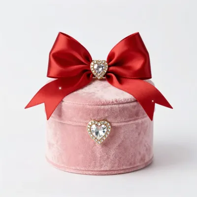 Pink Velvet Jewelry Box with Red Bow - Jewelry - AI generated image