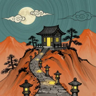 Mountain Shrine Path Leading to Illuminated Temple - Architecture - AI generated image