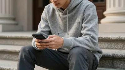 Young Person Using Smartphone on Stone Steps - People - AI generated image