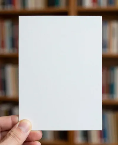 Hand Holding White Card in Front of Bookshelf - People - AI generated image