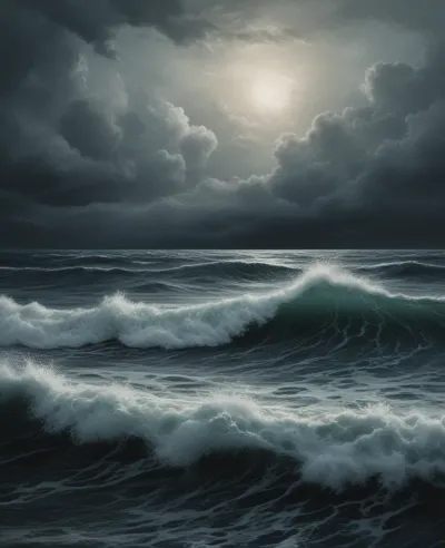 Churning Waves Under Sunlit Sky - Seascape - AI generated image