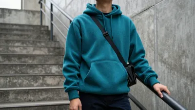 Person in Teal Hoodie on Stairwell - Fashion - AI generated image