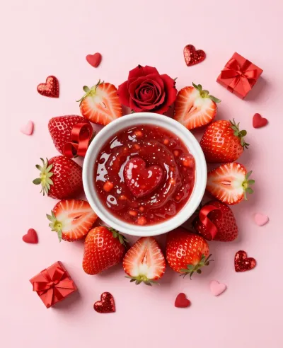 Strawberry Heart Coulis with Roses and Hearts - Food - AI generated image