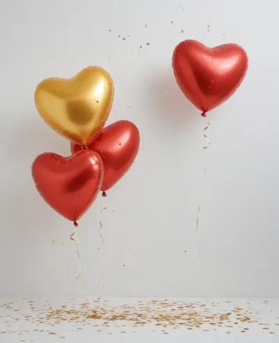Golden and Red Heart Balloons Floating with Confetti - Celebration - AI generated image