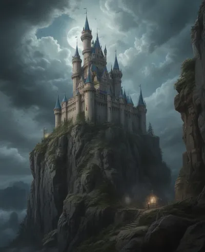 Ivy-Covered Castle on Rocky Cliff at Night - Architecture - AI generated image