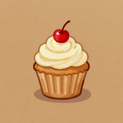 Golden Mini-Cupcake with White Frosting and Red Cherry - Food - AI generated image