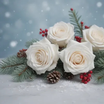 White Roses with Red Berries and Pine Cones in Snow - Flowers - AI generated image