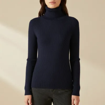 Navy-blue Turtleneck Sweater Soft Ribbed Knit - Fashion - AI generated image