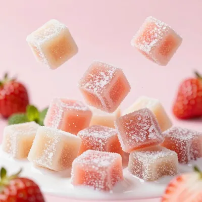 Strawberry Milk Candy Cubes Glistening in Soft Light - Food - AI generated image