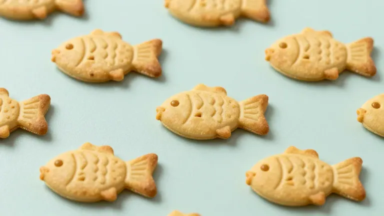Fish-Shaped Crackers Arranged on Pastel Blue Surface - Food - AI generated image