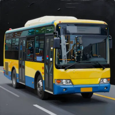 Neon Yellow and Blue Bus on City Street - Transportation - AI generated image