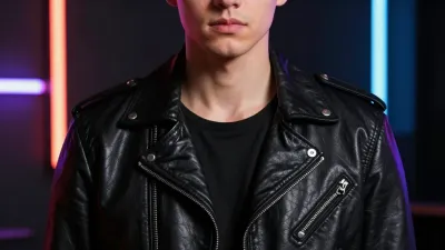 Person in Black Leather Jacket Neon Backdrop - Fashion - AI generated image