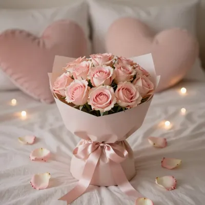 Pink Rose Bouquet Centerpiece on Bed - Flowers - AI generated image