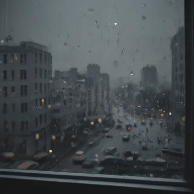Raindrops on Window Glass Reflecting Urban Skyline - Urban - AI generated image