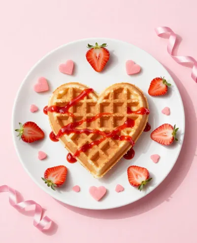 Heart-Shaped Waffle with Strawberry Sauce - Food - AI generated image