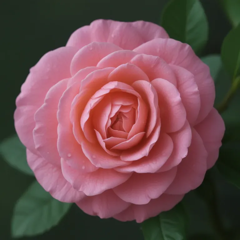 Full Bloom Pink Camellia with Dewdrops - Flora - AI generated image