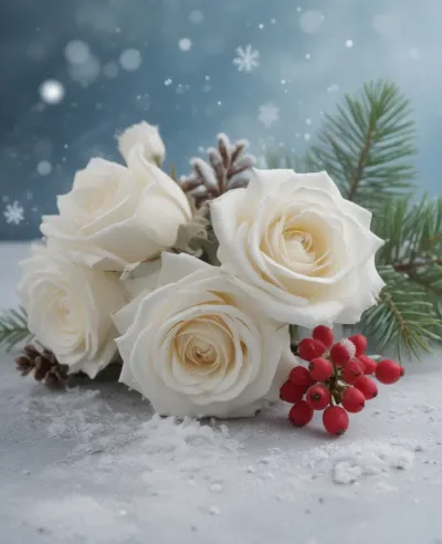 White Roses with Red Berries and Pine Needles in Winter - Flowers - AI generated image
