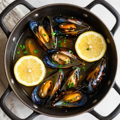 Mussels in Garlic Butter with Lemon and Herbs - Food - AI generated image