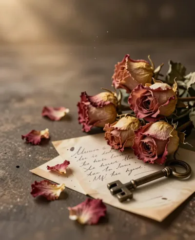 Dried Roses with Handwritten Note and Key - Flowers - AI generated image