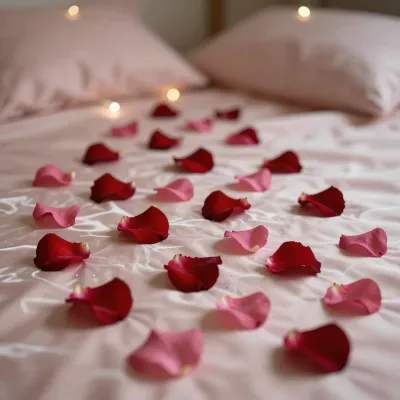 Rose Petals Arranged on Bedspread - Romance - AI generated image