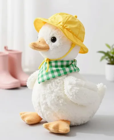 Plush Duck Wearing Yellow Hat and Green Scarf - Plush - AI generated image