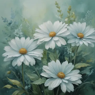 White Daisies with Golden Centers in Soft Light - Flora - AI generated image