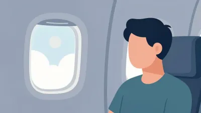Young Man Seated Looking Out Airplane Window - People - AI generated image