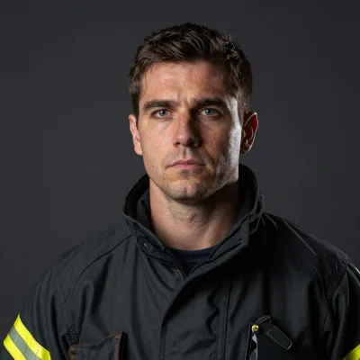 Firefighter Direct Gaze in Rugged Jacket - People - AI generated image