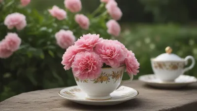 Teacup with Carnations Softly Lit - Flowers - AI generated image