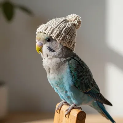 Parrot Wearing Knit Beanie in Soft Light - Animal - AI generated image